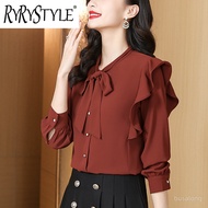 RYRYSTYLE New Womens Style Bow Silk Shirt Womens Long sleeved Top Loose and Slimming Shirt Bottom 66