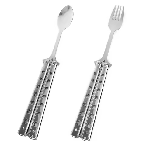 1Pcs Folding Balisong Trainer Spoon Fork Butterfly Game Safety Practice Trainer Camping Tableware Ou