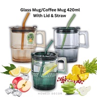 Glass Mug 420ml With Lid & Straw Cawan Kaca Bertutup Straw Gift Wedding Birthday Door Gift Hadiah Ha
