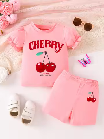 0-3yrs old Newborn Baby Girls Cute Cherry Pink Summer Clothes Sets