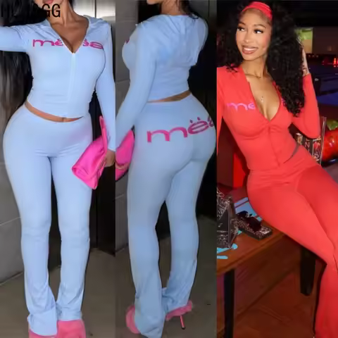 HLJ&GG Trend Y2K Letter Print Hooded Tracksuits Women Zipper Long Sleeve Slim Top And Skinny Pants O