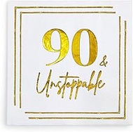 90th Birthday Cocktail Napkins, Gold 90 Years Old Bday Party Decorations, "90 & Unstoppable" Disposa