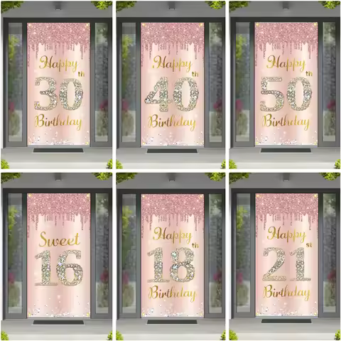 Happy Birthday Theme Party Decor Door Cover 18th 21th 30th 40th 50th 60th 80th Pink Rose Sweet 16th 