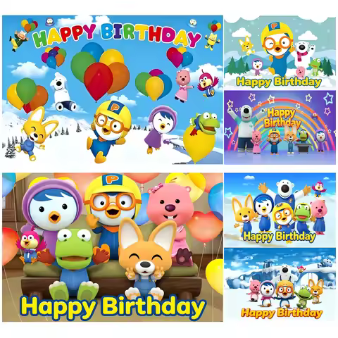 P-Pororo Cartoon Birthday Party Backdrop Cute Penguin Animal Themed Background Kids Birthday Booth B