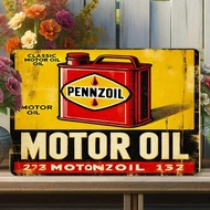 สัญลักษณ์ป้ายโลหะวินเทจ Pennzoil, ดีไซน์น้ำมันเครื่องคลาสสิก, ศิลปะผนังเหล็กเรโทรสำหรับบ้าน บาร์ ห้อ