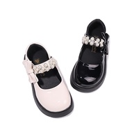 Girls Leather Shoes Middle Big Children Black Campus Performance Shoes Bowknot Shoes Flat Campus