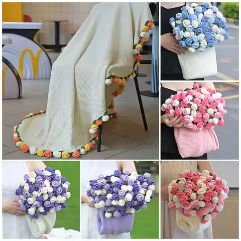Handmade Crochet Flower Blanket Roses Bouquet Sofa Blankets Ramo Tulip Knitting Finished Blanket Xma