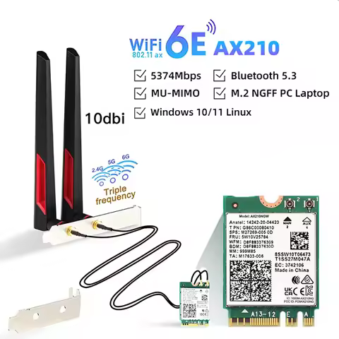 WiFi 6 Card AX210 Bluetooth 5.3 5374Mbps Adapter 2 In 1 Desktop Kit 10DBi Antennas 802.11ax 2.4G/5Gh