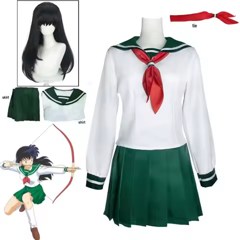 Higurashi Kagome Cosplay Costume Green Sailor JK School Uniform Shirt Skirt Full Sets Wig Summer Sui