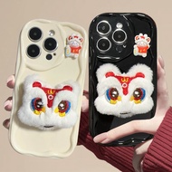 Suitable for IPhone 11 12 Pro Max X XR XS Max SE 7 Plus 8 Plus IPhone 13 Pro Max IPhone 14 15 Pro Max Phone Case New Year Feeling Traditional Activity Lion with Cute Accessories