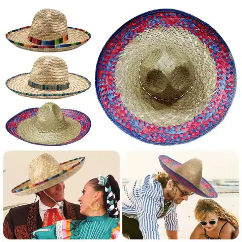 Mexican Sombrero Hat Straw Weave Wide Brim Beach Sun Hat Authentic Mexican Costume Breathable Sunsha