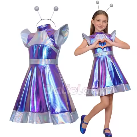 Kids Alien Cosplay Costume Outfit Girls Metallic Shiny AI Robot Astronaut Costume Space Suit Alien D