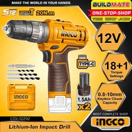 BUILDMATE Ingco 12V Lithium-Ion Cordless Impact Drill with 2x Battery and Bits CIDLI12202 ICPT