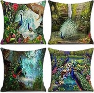 Cushion Cover, 65x65cm Set of 4, Art Forest Peacock Soft Velvet Throw Pillow Cases 26x26in, Square Sofa Cushion Cover with Invisible Zipper for Couch Bed Car Bedroom Home Decor