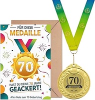 70th Birthday Gift with Medal, Birthday Card 70, Envelope, 70th Birthday Gift for Men and Women, Fun