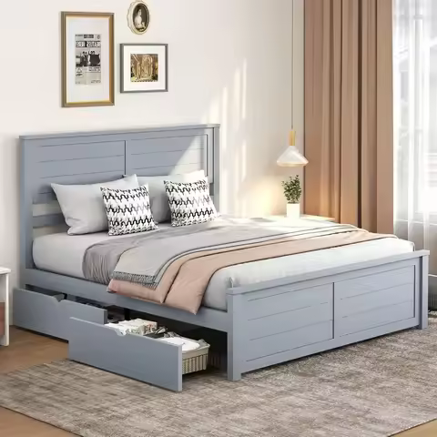 Queen Bed Frame with Headboard & 4 Storage Drawers，Wood Bed Frame for Bedroom, Wood Slats Support，Pl