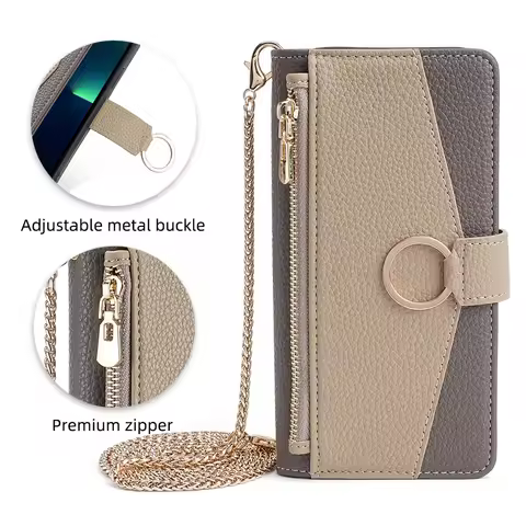 Zipper Wallet Case for Vivo X200 X100S X100 X90 X80 X70 X60 Pro Metal Chain Crossbody Leather Ring M