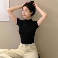 Korea Modal black short-sleeved T-shirt women medium collar thin top tight 莫代尔黑色半高领短袖T恤女冰丝中领薄款上衣紧身半袖