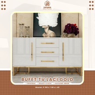 Meja Bufet TV Laci Gold Drawers Credenza Drawes Ukuran P 150 x T 80 x L 40 Bahan Multiplek HPL Tahan Air Dan Anti Rayap Desain Modern Mewah Minimalis Tampilan Elegant