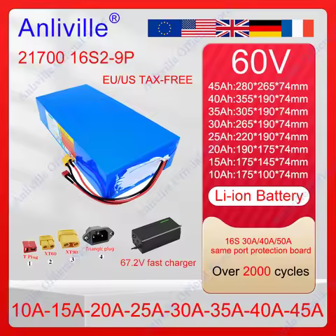 60V 10Ah, 15Ah, 20Ah, 25Ah, 30Ah, 35Ah, 40Ah, 45Ah 21700 lithium battery packs, suitable for electri