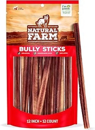 Natural Farm Bully Sticks - 12-Inch Long, 12-Count (17.6oz / 1.1 lb Per Pack) - 100% Beef Chews, Gra