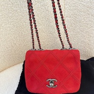 chanel香奈兒紅色菱格紋方胖子鏈條包，17開編號