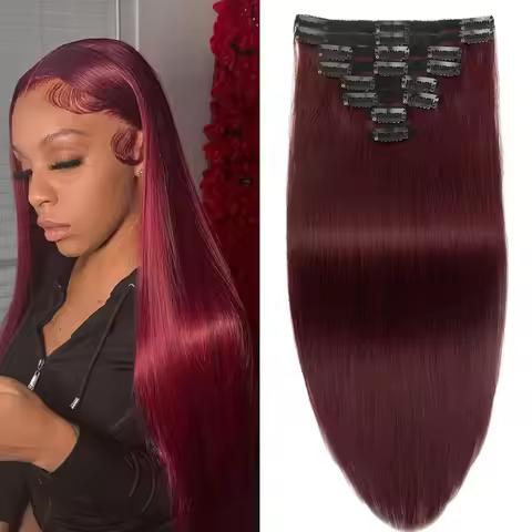 8 Pcs 99J Burgundy Color Straight Clip-In Human Hair Extensions 8-24 Inch 100% Unprocessed Brazilian