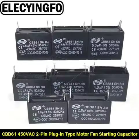 CBB61 450VAC 2-Pin Plug-in Type Motor Fan Start-up Capacitor Starting Capacitor 1uF 1.5uF 2uF 2.5uF 