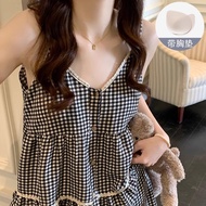 Sleeper Set for Women - Summer Check Lace Loungewear with Bust Support L1UL