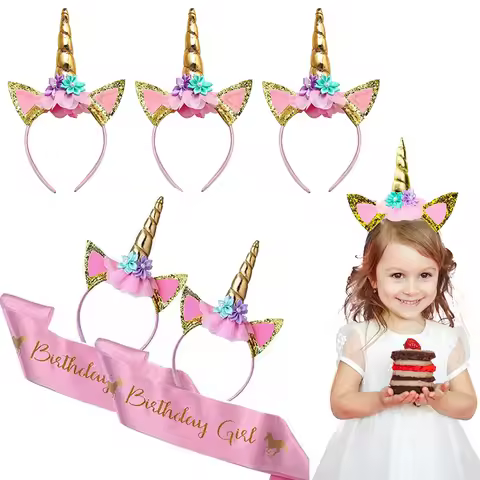 Unicorn Birthday Decoration Set Glitter Unicorn Horn Ears Flower Headband Girls Pink Sash for Kids B
