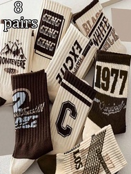 8 Pairs (Random Delivery) Retro Slogan[Vintage Essential]Unisex 1977 Theme Mid-Calf Socks, American 
