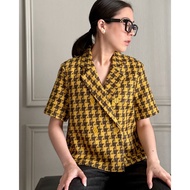 Short Sleeve Blazer Tweed Yellow Brown - Woman At Work Tweed Blazer Women Blazer