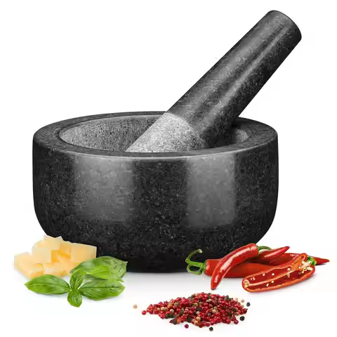 Mortar and Pestle Set Premium Solid Granite Stone Grinder Non Slip Base 16cm For Make Crushing and M