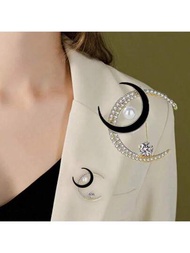 精美的月亮星星鑲嵌鑽石圖案胸針，流行的珍珠女式優雅服裝外套安全針水晶珠寶胸針
