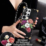 1 ชิ้น เคสโทรศัพท์แฟชั่นลายดอกไม้พิมพ์ฟอยล์ร้อนหลากสี + UV จุดนูน 3D พร้อมกลิตเตอร์โฮโลแกรม กันตก รู