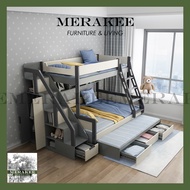 MERAKEE Children Double Decker Bunk Bed With Pull Out Bed Mattress Storage Drawer Wardrobe Bookshelf M52