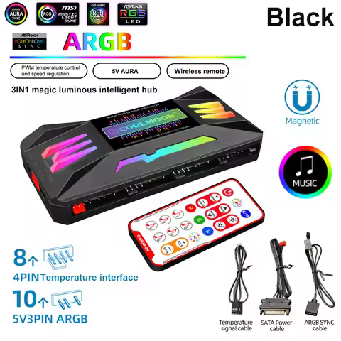COOLMOON 5V/3Pin ARGB 4Pin Fan PWM HUB 1To8 Music Rhythm Temperature Controller Aura Sync Cooling Fa