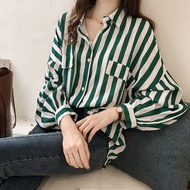 Stripe Blouse Women Plus Size Baju Jalan Perempuan Korean Style Baggy Shirt Thin Casual Blause Wanita