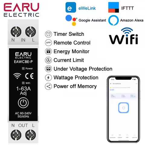 EWeLink MCB WiFi Smart Circuit Breaker 1P+N 63A Timer Relay Switch Energy Metering kWh Voltage Curre