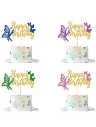 1入組生日快樂蝴蝶蛋糕裝飾插牌,適用於生日派對杯子蛋糕插牌裝飾