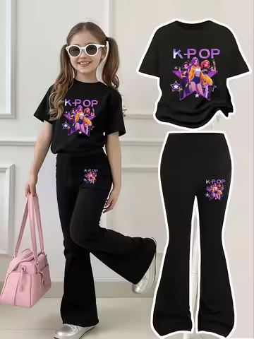 Children's Clothing for Girls 2026 New Short-Sleeved Set Kpop Colorful Girl Group Print Hunter Girl 