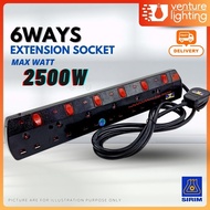 [SIRIM] 6Ways 2Yard Portable Extension Trailing Socket Extension Plug Adapters 1.25MM X 3C Cable Way