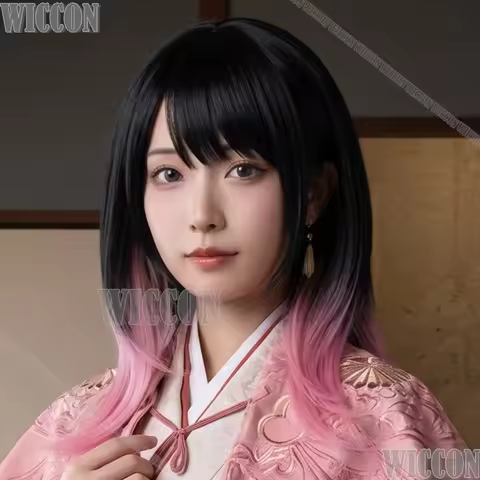 Akane Ousaki Long Black Wigs Japanese Kimono Pink Highlights Synthetic Hair Halloween Akane Banashi 