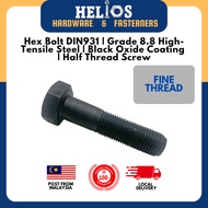 [Fine Thread] M12 - 1.25mm Hex Bolt DIN931 |A/F: 17mm | Grade 8.8 High Tensile Carbon Steel | Black 
