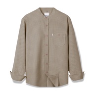 KEMEJA HIGHTY Khaki Plaid Band Collar Oxford Shirt | Men's Long Sleeve Shirt Kemeja Lelaki Baju Keme