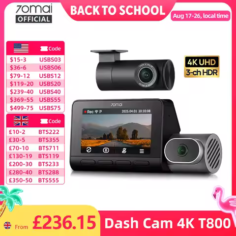 70mai Dash Cam 4K T800 with 4G Module UP04 Supercapacitor 3-Channel HDR Wifi 6 GPS Remote Control Re