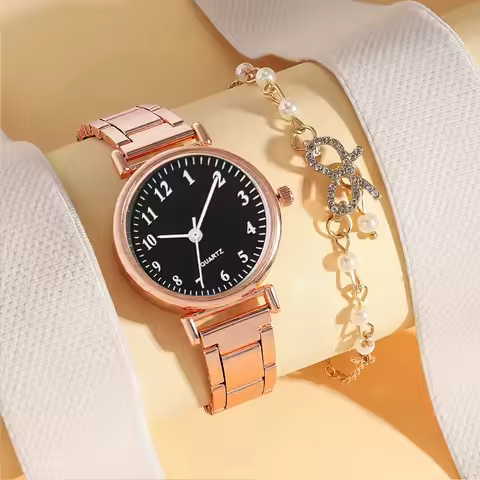 Fashionable and light luxury round dial steel band women's quartz watch set with diamond pearl brace