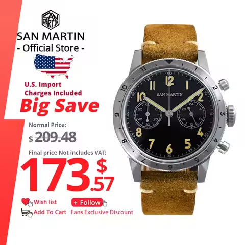 San Martin Vintage Men Quartz Watch Pilot VK64 Chronograph Watches Waterproof Luminous Quick Release