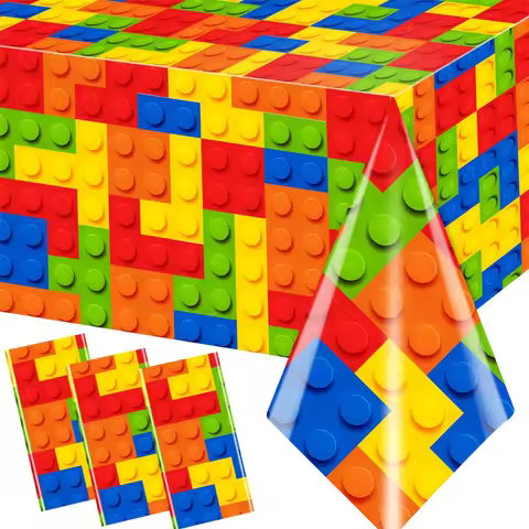137*274cm Building Block Tablecloth Building Block Birthday Party Supplies Waterproof Plastic Colorf