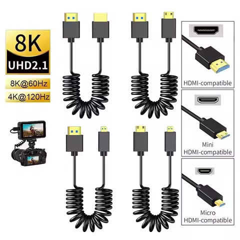 8K HDMI 2.1 Coiled Cable 48Gbps (Mini/Micro) - Portable Spring Design for PS5/PC/Camera/Raspberry Pi